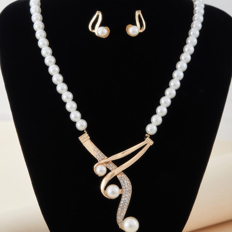 Fashion Geometric Pearl Earring Two Piece Necklace for Women Exquisite Birthday Party Zircon Gifts
