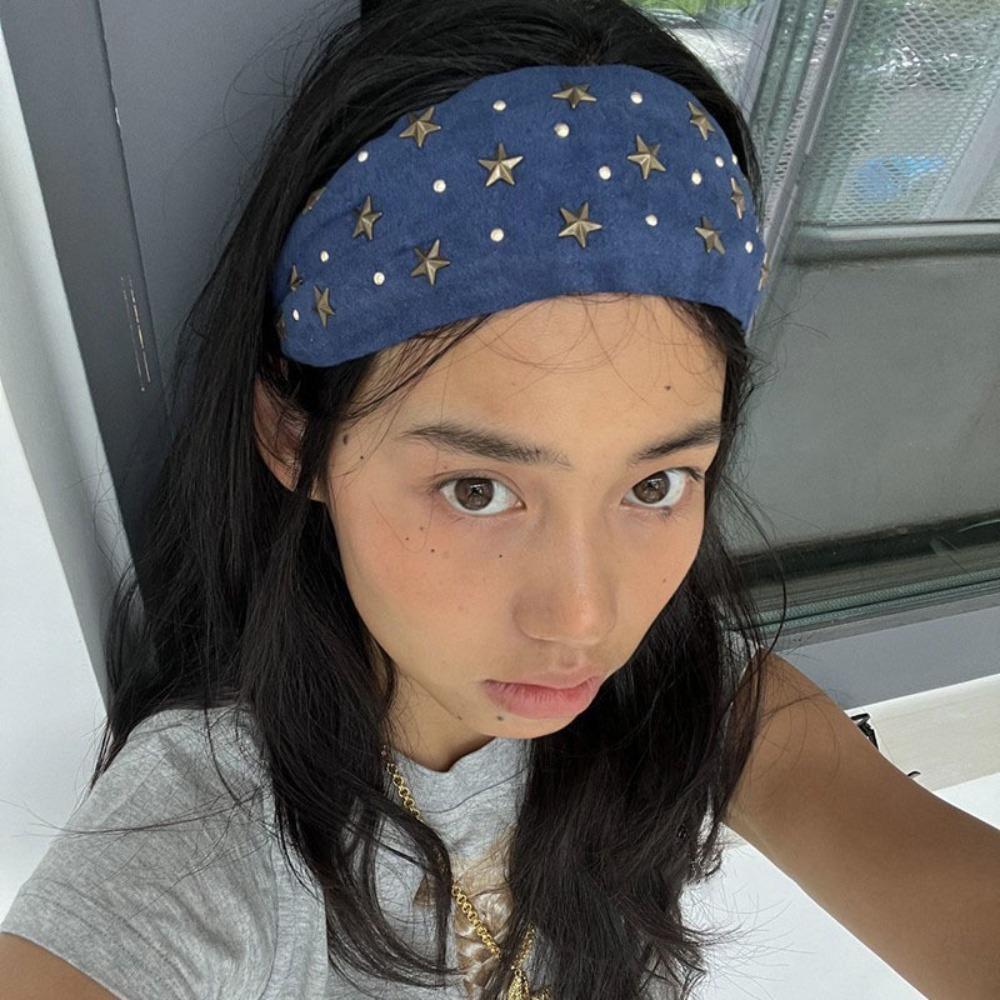 Colth Wide Star Rivet Headband Spicy Girl Retro Hair Hoop Wide Edge Hairband  Makeup