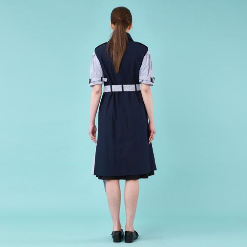 Bunderghost Puff Short Sleeve Asymmetrical Trench Dress (Navy)