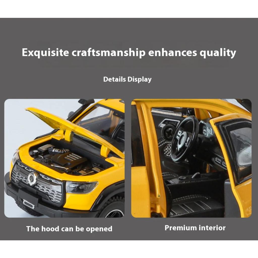 1/24 Alloy Die-cast Great Wall Cannon Pickup Truck Model Simulation Sound and Light Pull Off Road Vehicle Toy Collection Ornaments for Boys Gifts