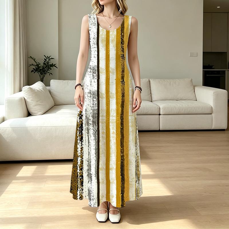 U-Neck Striped Sleeveless Beach Vacation Dress for Women Loose Fit,Comfortable Casual Stylish Floor-Length