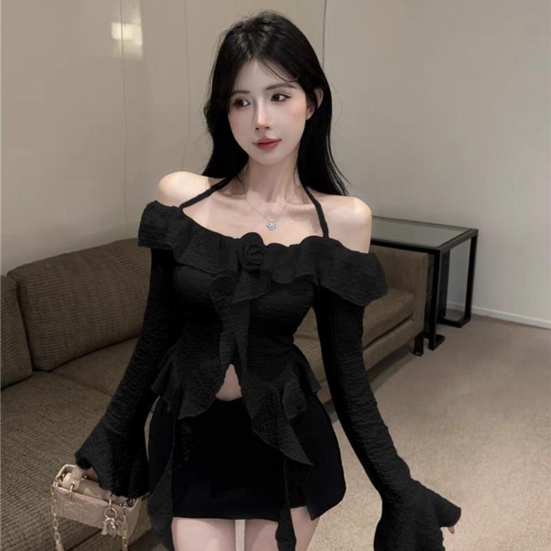 Womens Off-Shoulder Long Sleeve Blouse With Ruffle Trim Floral Neckline Slim Fit Short Top In Black Or Beige