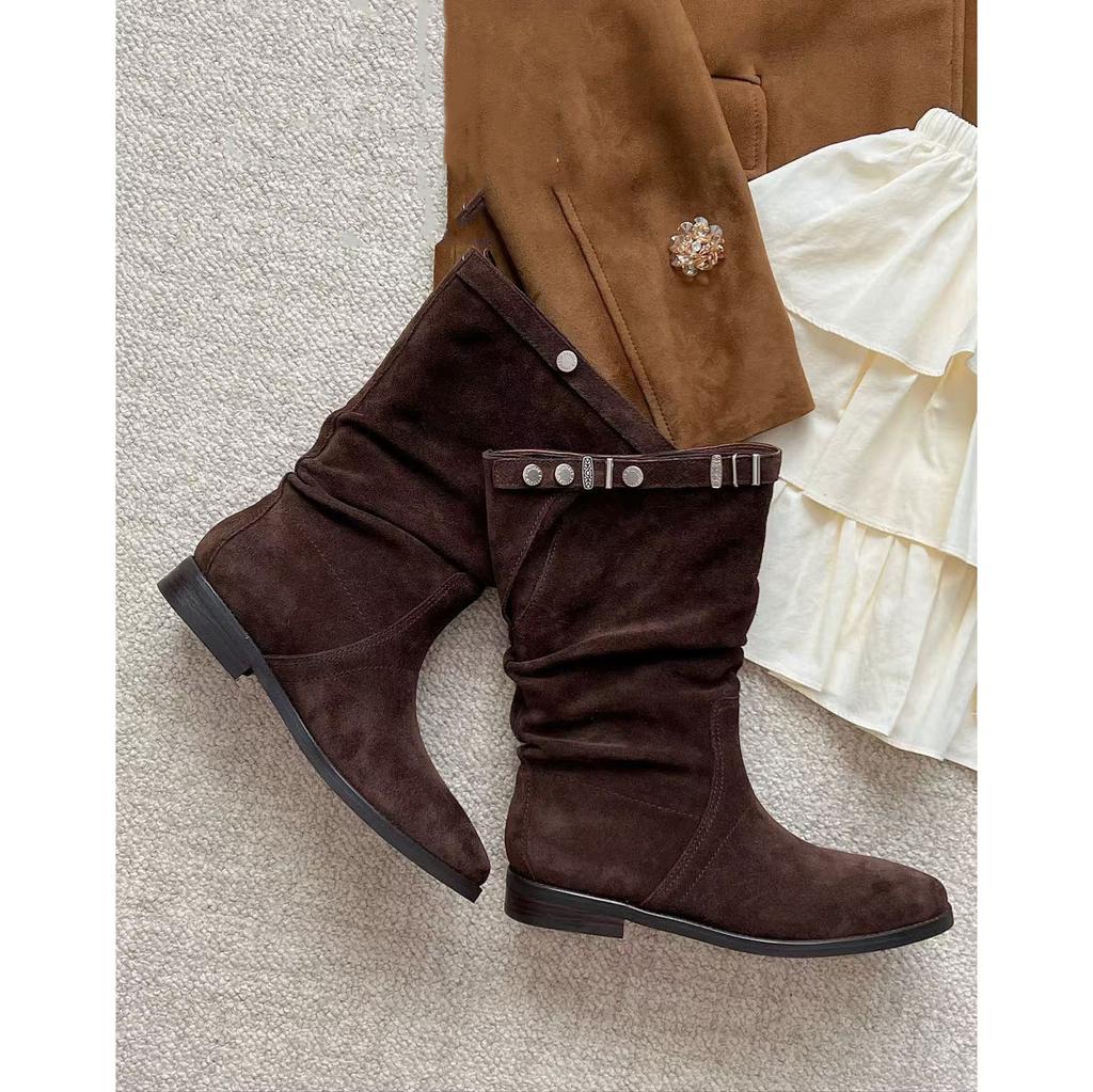Cowhide Edition~ Vintage Pastoral Suede Western Cowboy Boots Women's Belt Buckle Pleated Pile Boots Belt Buckle Short Boots