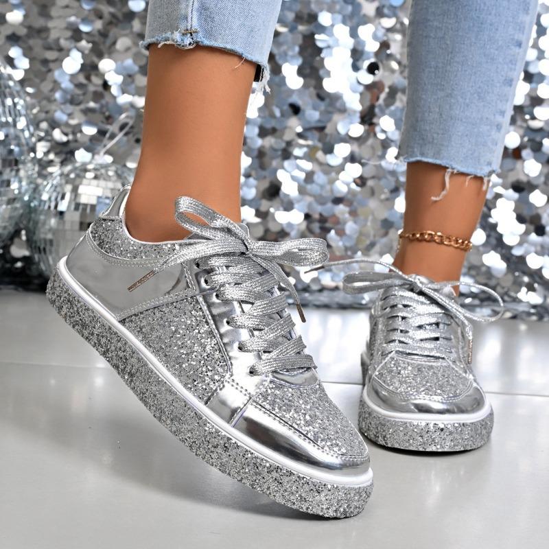Fashion Fashion Flats Fall New Round Toe Spliced Front Lace-Up Sequin Platform Anti-Slip Wear-Resistant Single Shoes