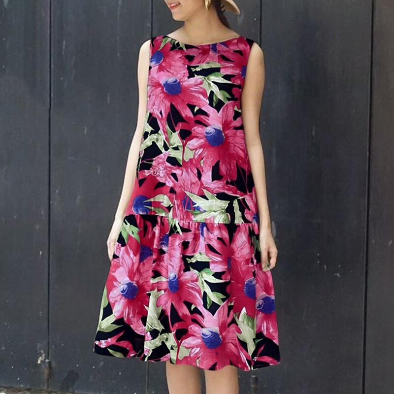 

ZANZEA Женское Летнее Повседневное Платье Без Рукавов с Цветочным Принтом и О-образным Вырезом 5XL чёрный