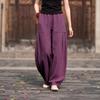 Women Elastic Waist Linen Harem Pants Pleated Pocket Loose Wide Leg Balloon Trousers Boho Casual Summer Long Pants