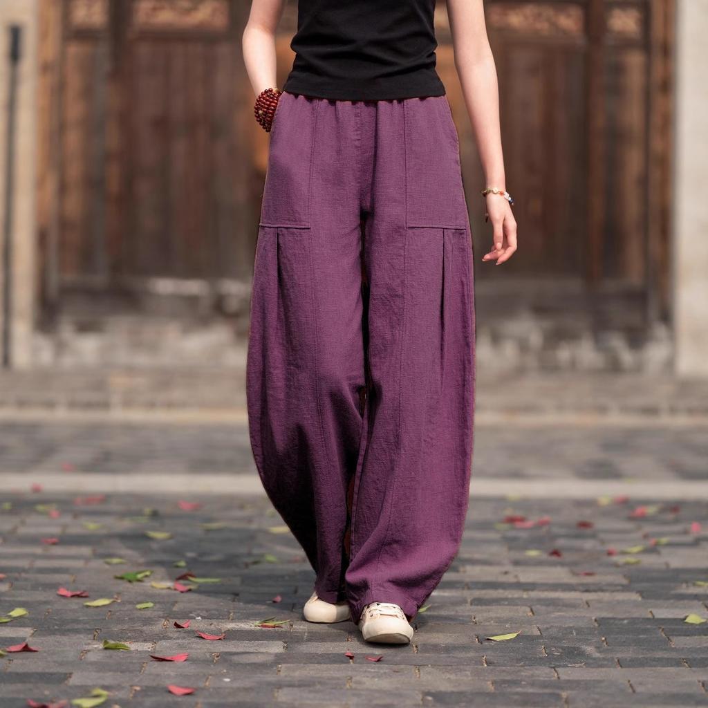 Women Elastic Waist Linen Harem Pants Pleated Pocket Loose Wide Leg Balloon Trousers Boho Casual Summer Long Pants