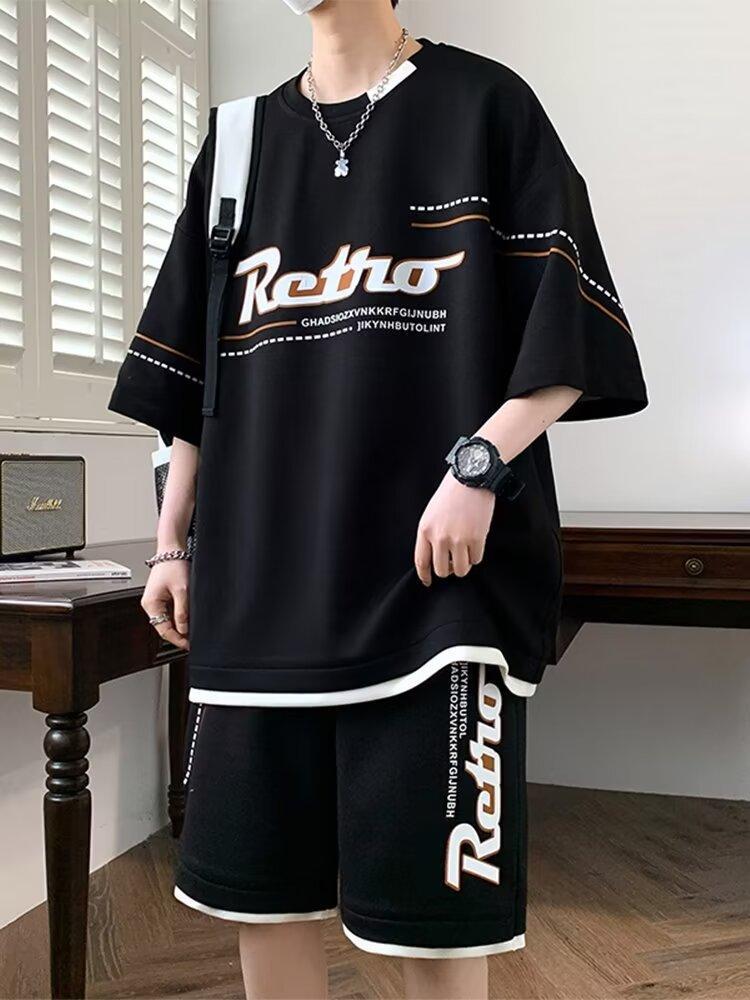 

Мужской летний повседневный комплект с коротким рукавом и шортами в гонконгском стиле 8XL чёрный