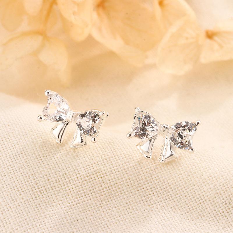 S925 Silver Bow Stud Earrings With Cubic Zirconia Unique Elegant Design Light Luxury Jewelry For Women