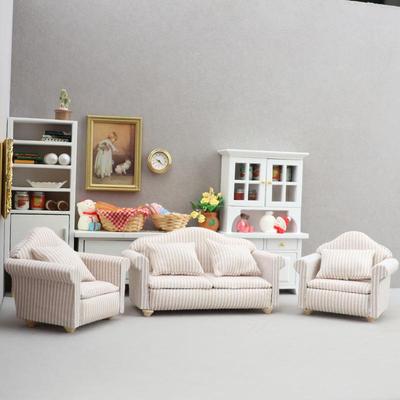 1:12 Dollhouse Miniature Living Room White Striped Beige Sofa Set - Three Pieces