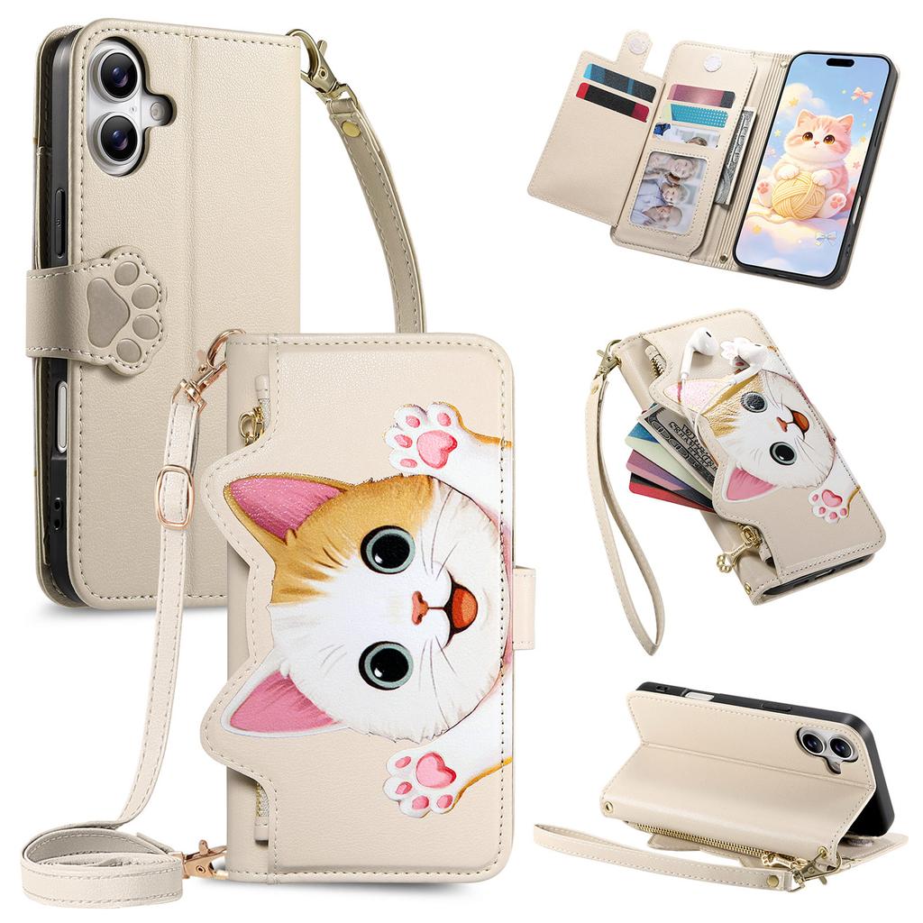 Cute Cat Crossbody long Lanyard Flip Wallet Leather Case for iPhone 17 Pro max 16 15 14 13 12 11 Shockproof Book Stand Cover