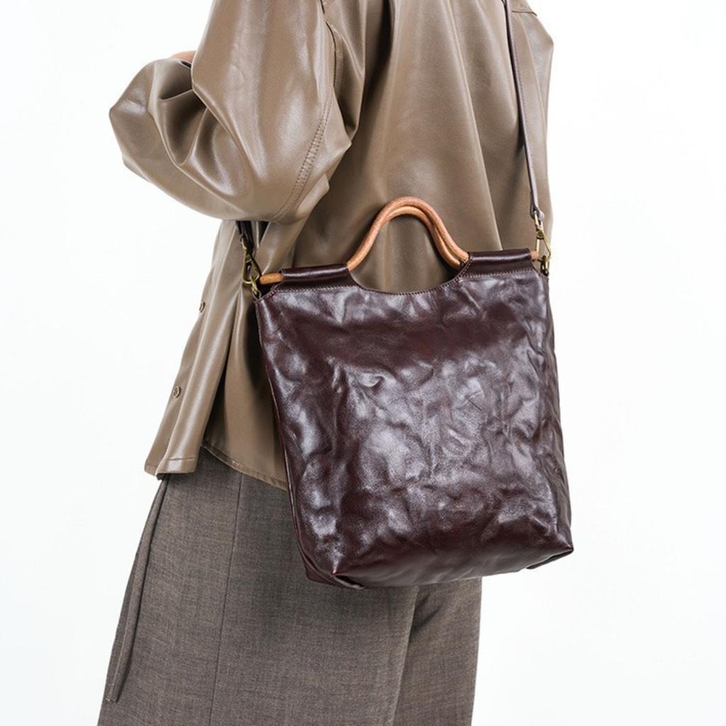 Cross-border leather whole tree paste hand scratching tannin real vegetable tanned cowhide tote bag handbag women's shoulder messenger bag bag