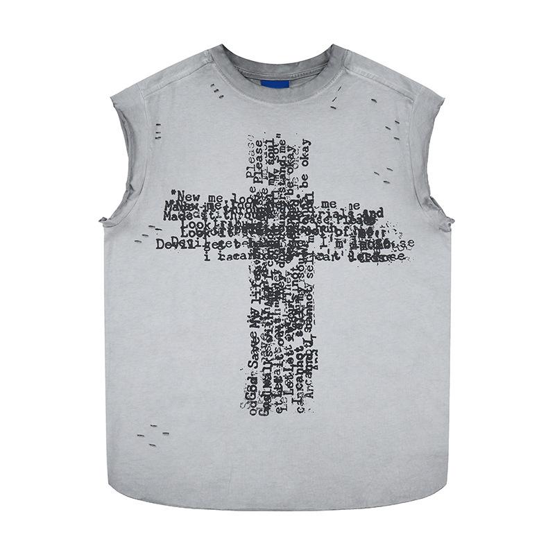 Tendência americana design original corte solto oversized colete sem mangas com buraco masculino verão esportes fitness camisa