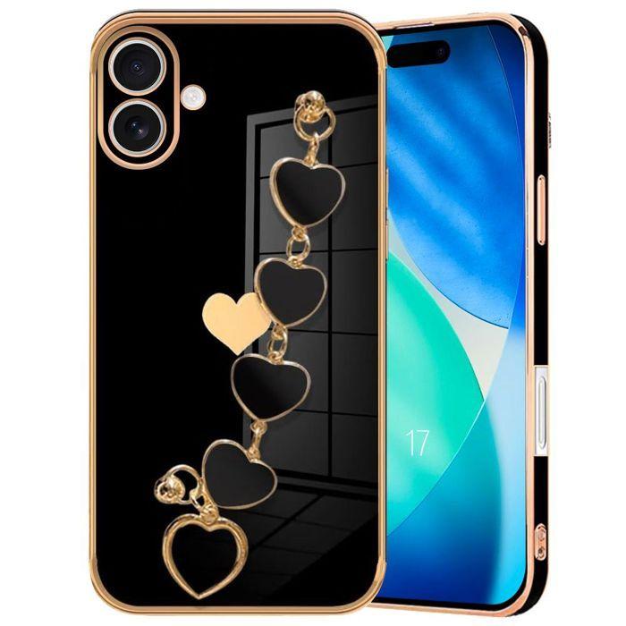 Coque avec Lanière - BOOLING - pour iPhone 17 - Silicone Antichoc Protection avec Bracelet Cœur - Noir