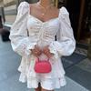 Vintage Puff Long Sleeve White Dress for Women Elegant Square Collar Women's Dress Cotton Short Dress