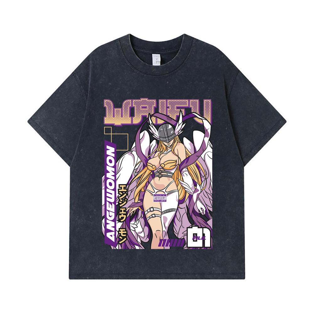 275 GSM Washed T-shirts 100% Cotton Digimon V9 Angewomon Waifu Print Unisex Heavy Cotton T Shirt