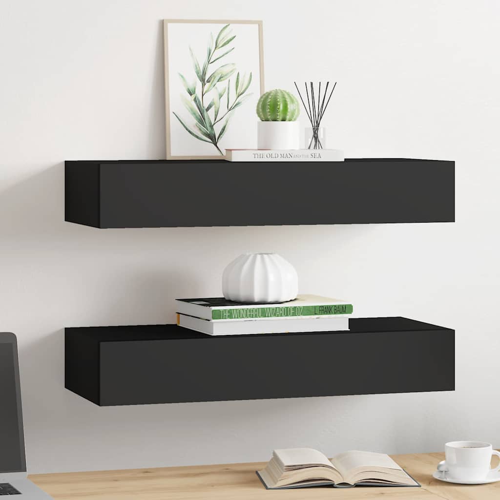 Vidaxl Wall Shelves with Drawer, 2 Pcs, Black, 60X23.5X10 Cm, Mdf