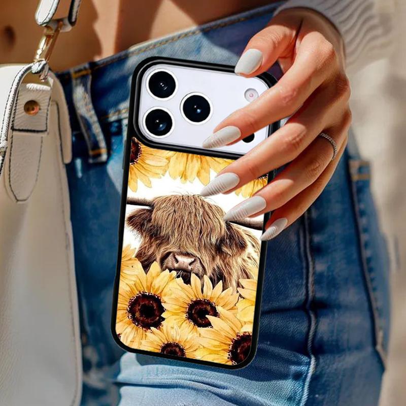 Western Highland Cow Sunflower Cute Phone Case For iPhone 17 Air 14 15 13 12 Max Cover For Apple 16e 11 Pro Max Plus Coque