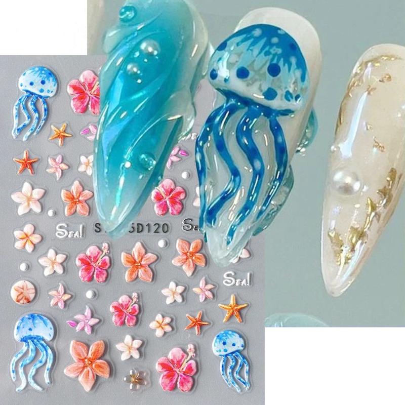 3D Summer Ocean Nail Stickers Beach Themed Begonia Flower Shell Starfish Jellyfish Plumeria Nail Art Decorations For Women Girls