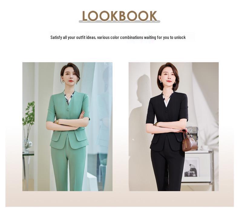 Women's Black Short Sleeve Professional Suit Set for Summer - Elegant Front Desk and Salon Workwear