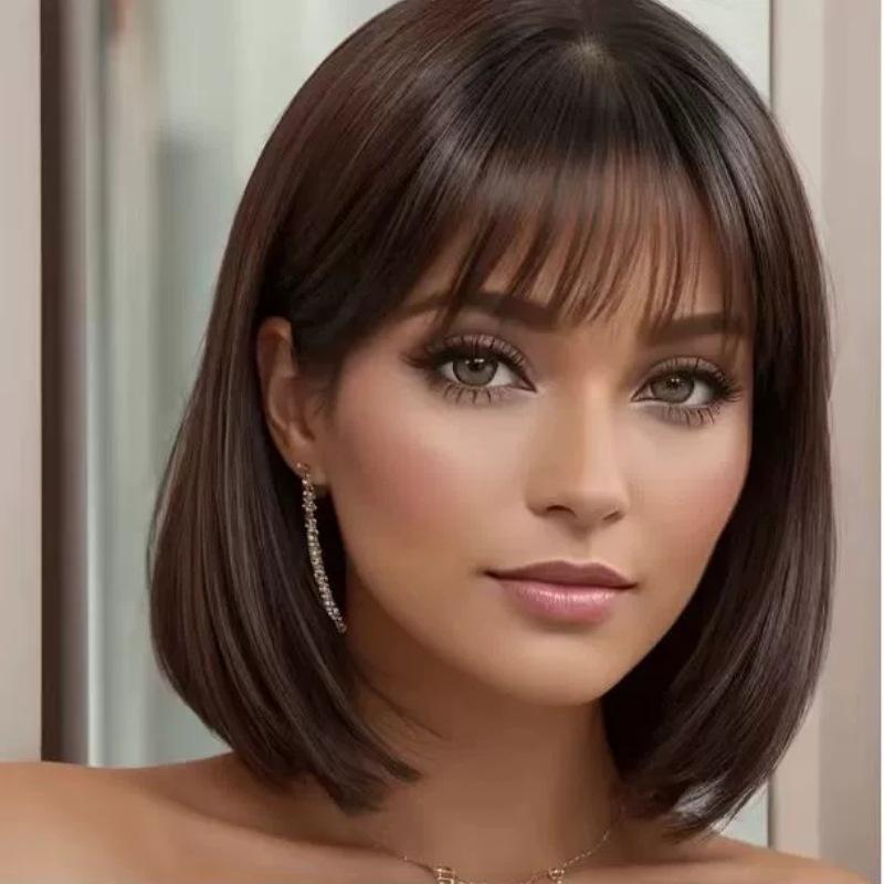Blonde Brown Red Ombre Synthetic Bob Wigs with Bangs Short Straight Natural Hair for Women Daily Party Heat Resistant Fiber