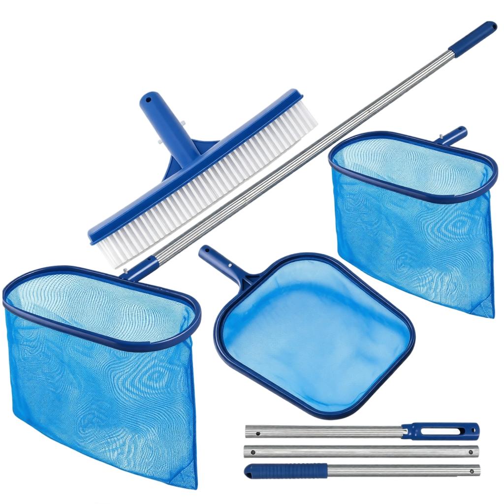 Adjustable Aluminum Pole Pool Skimmer Net Set with Fine Mesh Leaf Net and Brush for Shallow Water Pools and Baby Swimming Pools