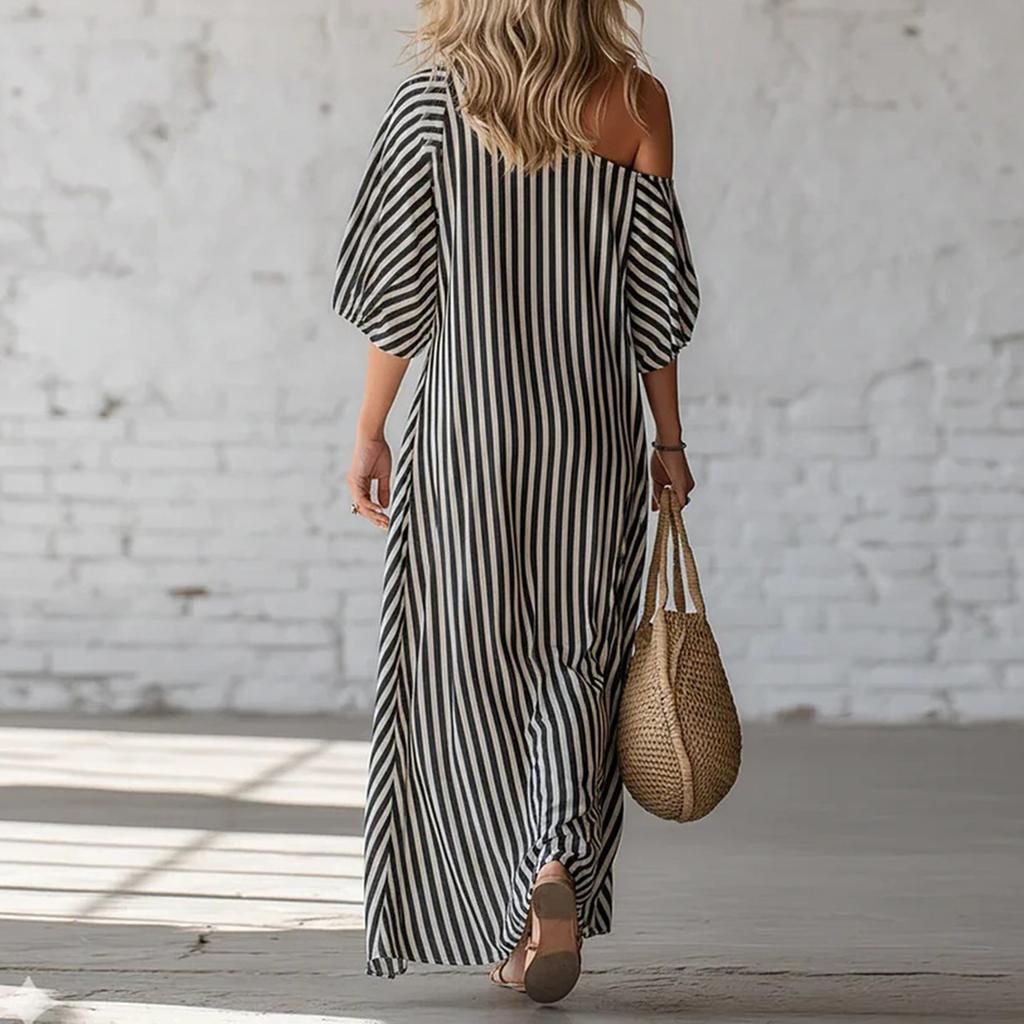 Ladies' Striped Elegant Casual Fashionable Off Shoulder Dress