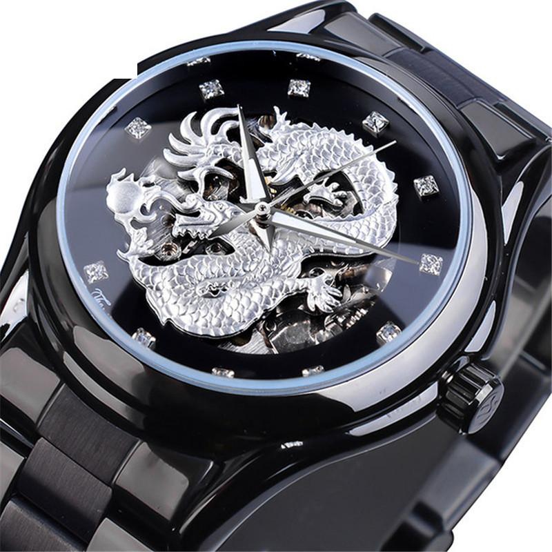 Relógio masculino estilo europeu e americano, moderno e casual, com cinto de aço, dragão, oco, à prova d'água, automático, mecânico