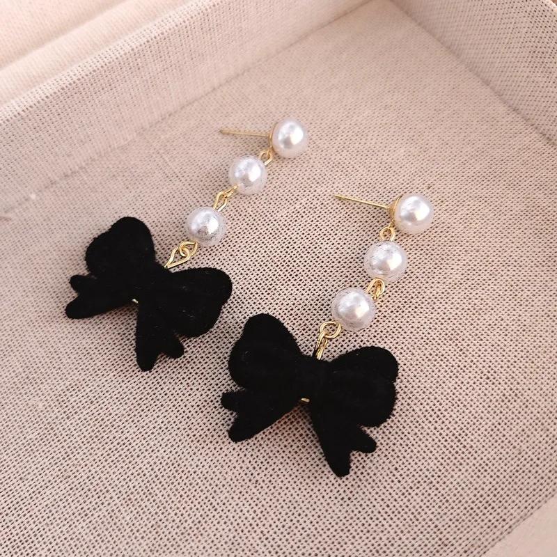 LATS Red Black Bowtie Earrings for Women Girls Simulated Pearl Cloth Bow Tie Earrings Jewelry Ear Accessories Beautiful Gifts