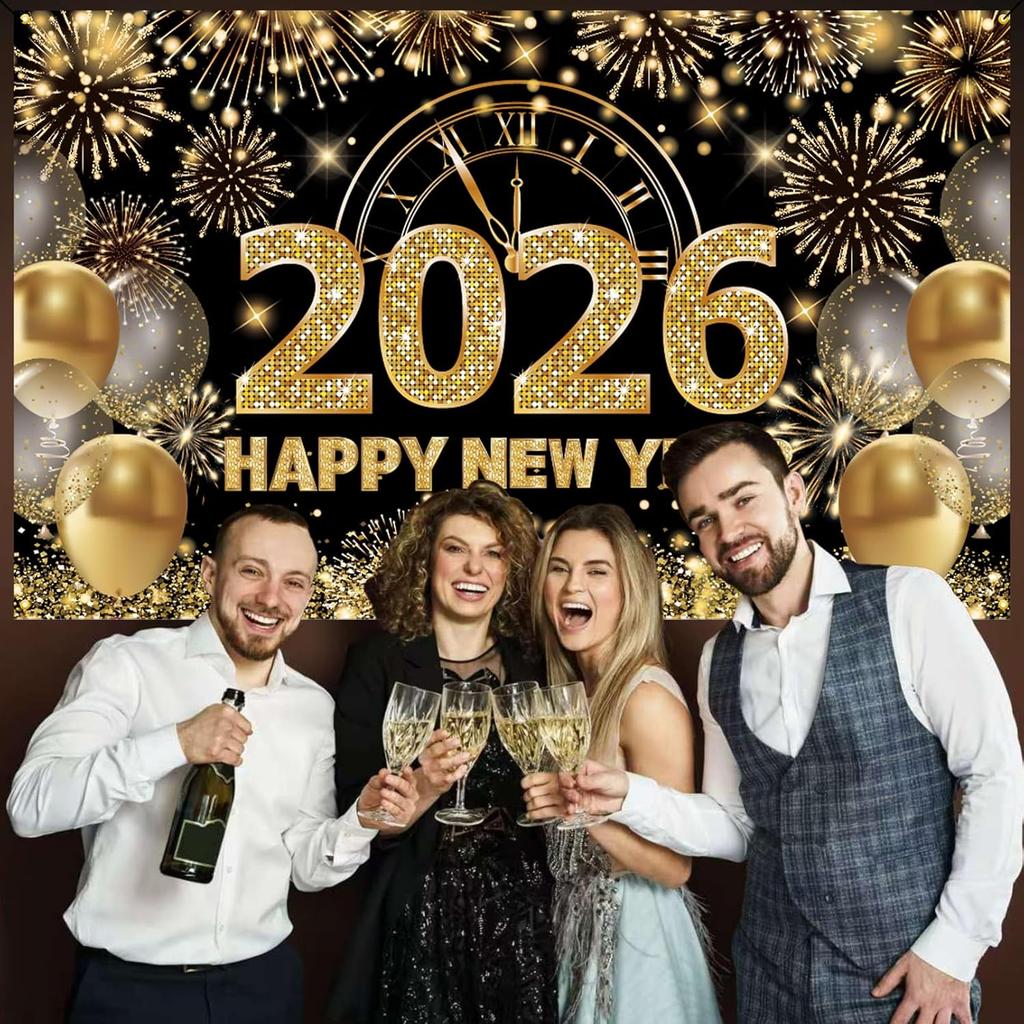 Large Happy New Year 2026 Banner, Black and Gold Happy New Year 2026 Banner, NYE Party Decorations for Boys, Girls, Friends, Celebrations Party Decor