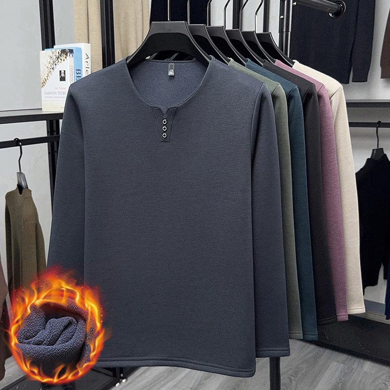 2025 Men's V-Neck Long Sleeve Plus Velvet Thickened T-shirt - Autumn/Winter, Youth Plus Size, Solid Color Base Layer