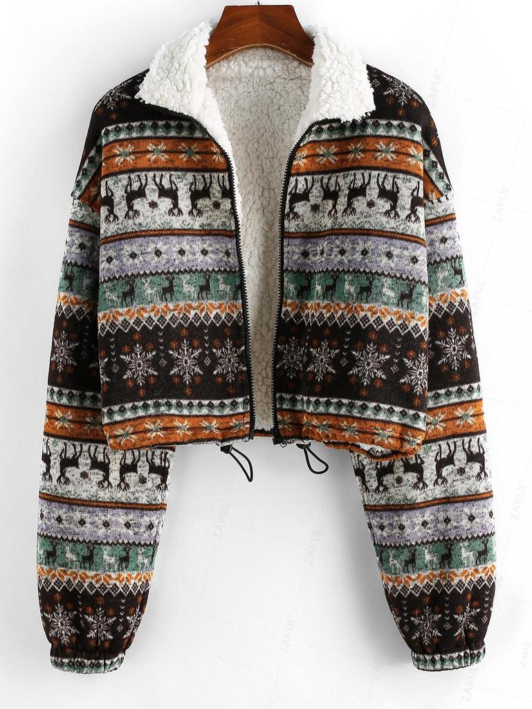 ZAFUL Christmas Elg Snøring Faux Shearling Strikkejakke