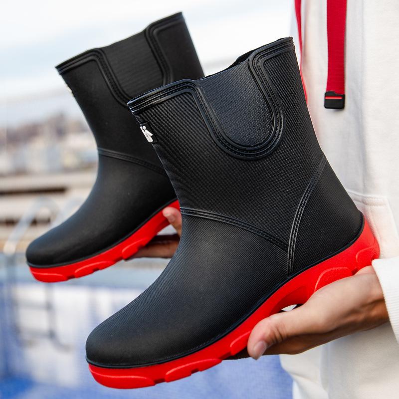 Unisex Mid-Calf Waterproof Rain Boots: Non-Slip, Wear-Resistant Rubber Shoes for Outdoor, Kitchen, Car Wash & Sports. Pull-On Style.