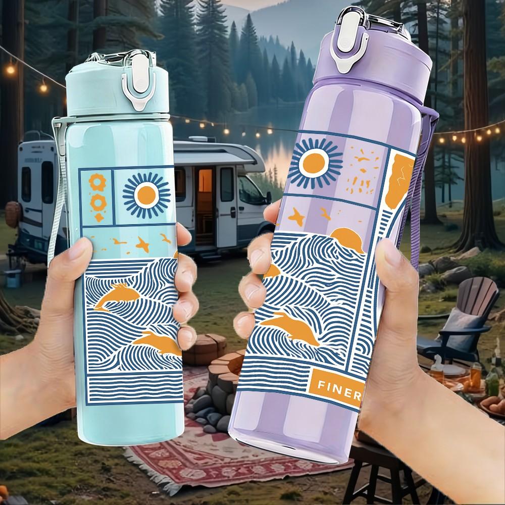 1PC Surfboard Map Art Print 750ml Color Plastic Sports Water Bottle Leakproof Flip Straw Lid Suitable for Sports Office Home Use