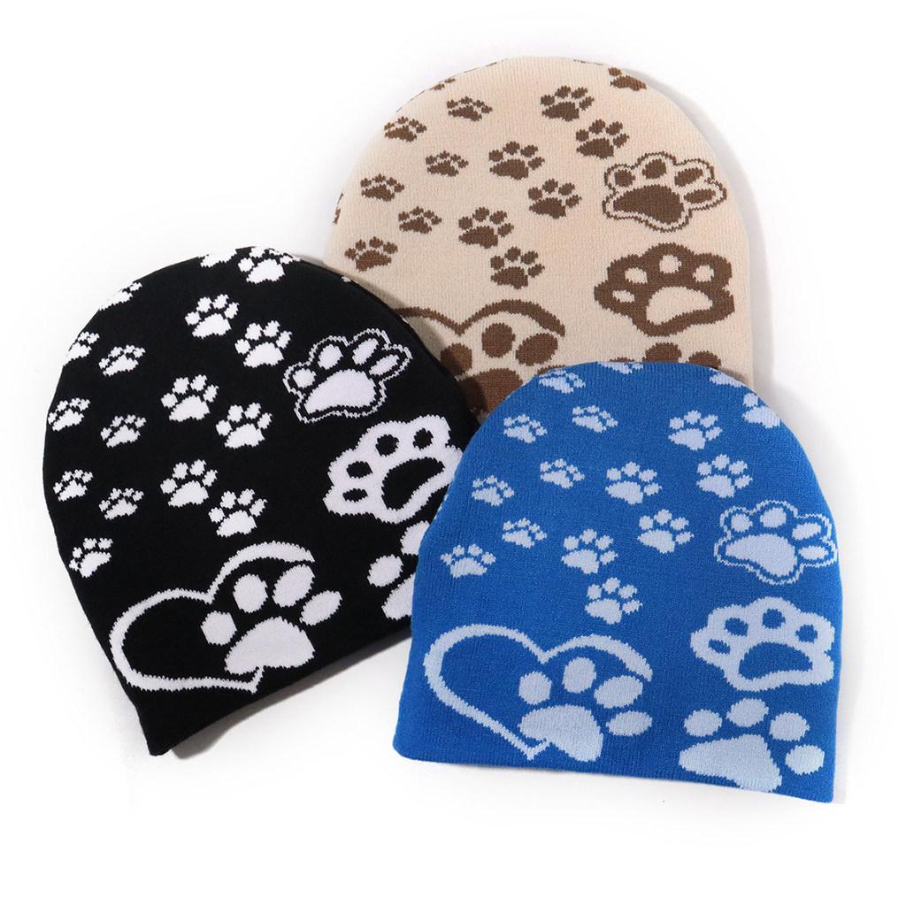 Acrylic Knit Hat With Paw Print Design For Casual Winter Wear And Outdoor Sports
