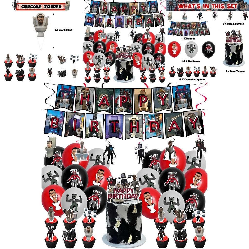 Skibidi Toilet Theme Birthday Party Decoration Kit Monster Birthday Cake Topper Paper Flag Balloons And More!