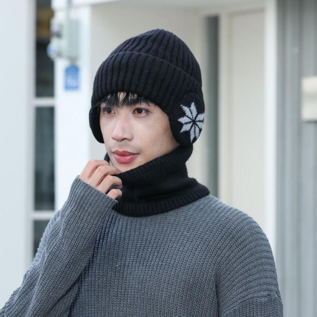 Unisex Warm Fleece Lined Knitted Hat Set for Men Winter Cycling Windproof Cold Proof Large Brim Woolen Overhead Accessory