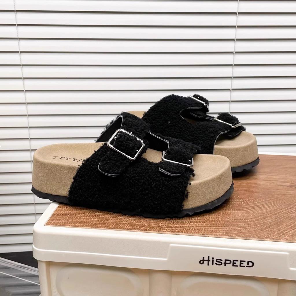 Spring and Autumn New Wool Slippers Women's Cork Slippers Casual One-Word Slippers Women's Summer Outer Wear Fluffy Slippers Women