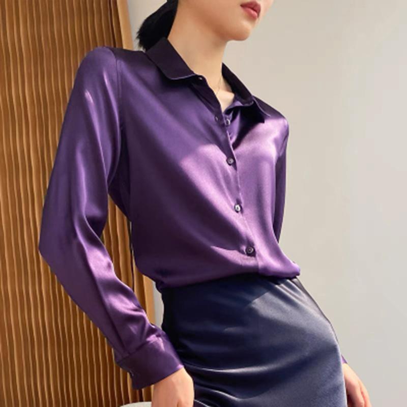 Mote Uformelt kontor Dame satengskjorte Løse lange ermede topper Solid Plus Size Damebluser Elegant Button Up Vintage Enkle Dameskjorter 25678