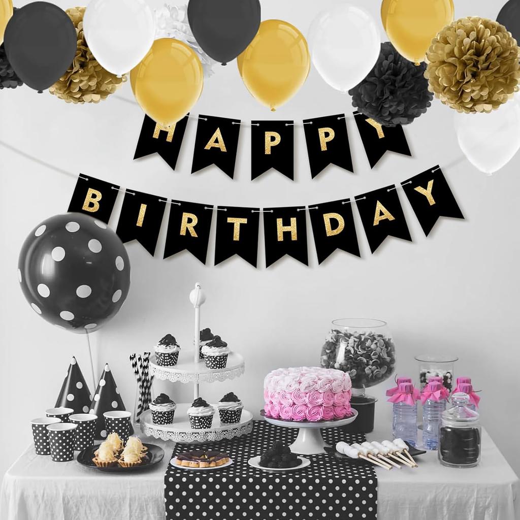 Happy Birthday Banner,Black and gold Birthday Banner,Happy Birthday Decoration,Black and gold Party Decoration