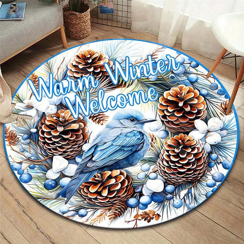 

1pc Soft, Absorbent & Non-Slip Bird and Pine Cones Round Rug, Perfect for Entryway, Living Room, Bedroom Decor, Machine Washable Flannel Mem 80cm by 80cm