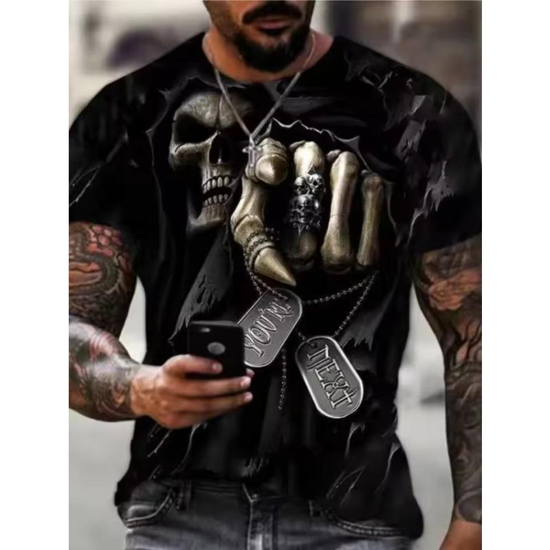 Men's Casual T-Shirt Skull Graphic Black Short Sleeve Crew Neck Tee Cool Streetwear Halloween Fashion Top