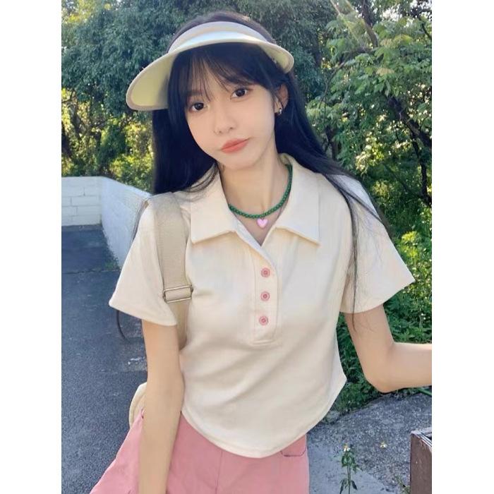 Cotton polo collar shoulder T-shirt women's summer new design sense niche chic short t-shirt top ins