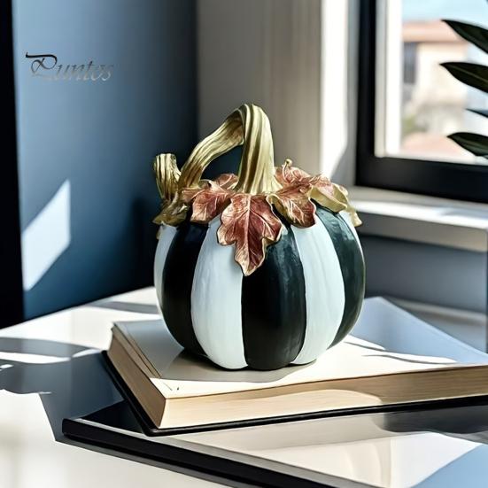 Halloween Pumpkin Decor Black And White Striped Ornament, Retro Style Resin Sturdy Indoor Desktop Decoration Tabletop Centerpiece, Ornament