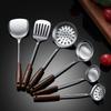 Stainless Steel Kitchen Utensil Set: Thickened Frying Spatula, Soup Ladle, Slotted Spoon with Wooden Handle