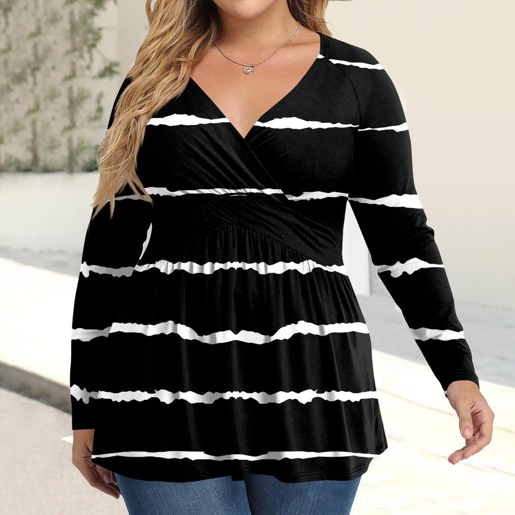 Women's Plus Size Shirt Long Sleeve  Print Top Pleated Casual V-Neck Top