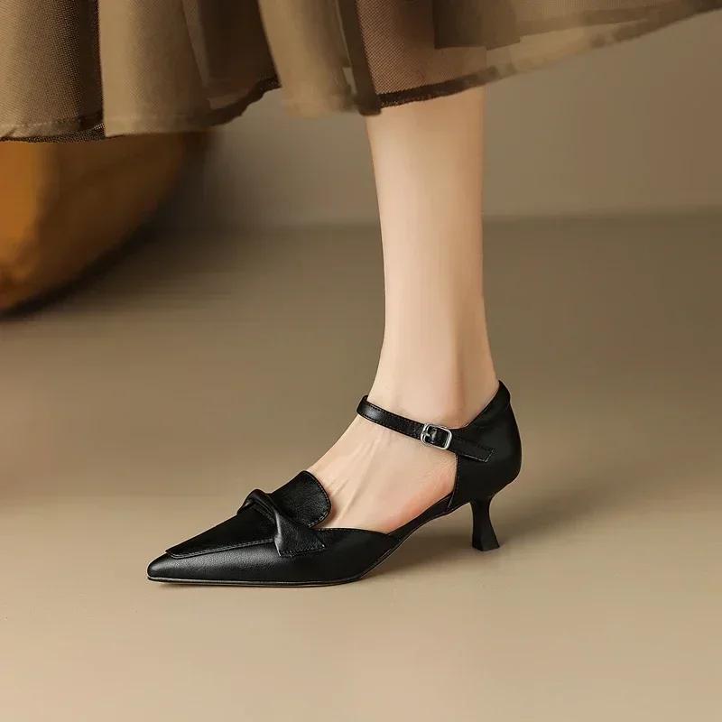 Fashion 2024 Women Spring Leather Hollow Elastic Belt Buckle Mid Heel Sandals Versatile Fine Heeled High Heels Mary Jane Shoes Slides