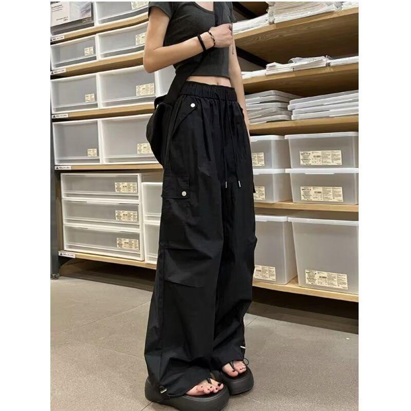 Women's Retro Quick-Dry Cargo Joggers - Summer Ice Silk, Multi-Pocket, Windproof, Wide Leg Hiking Pants