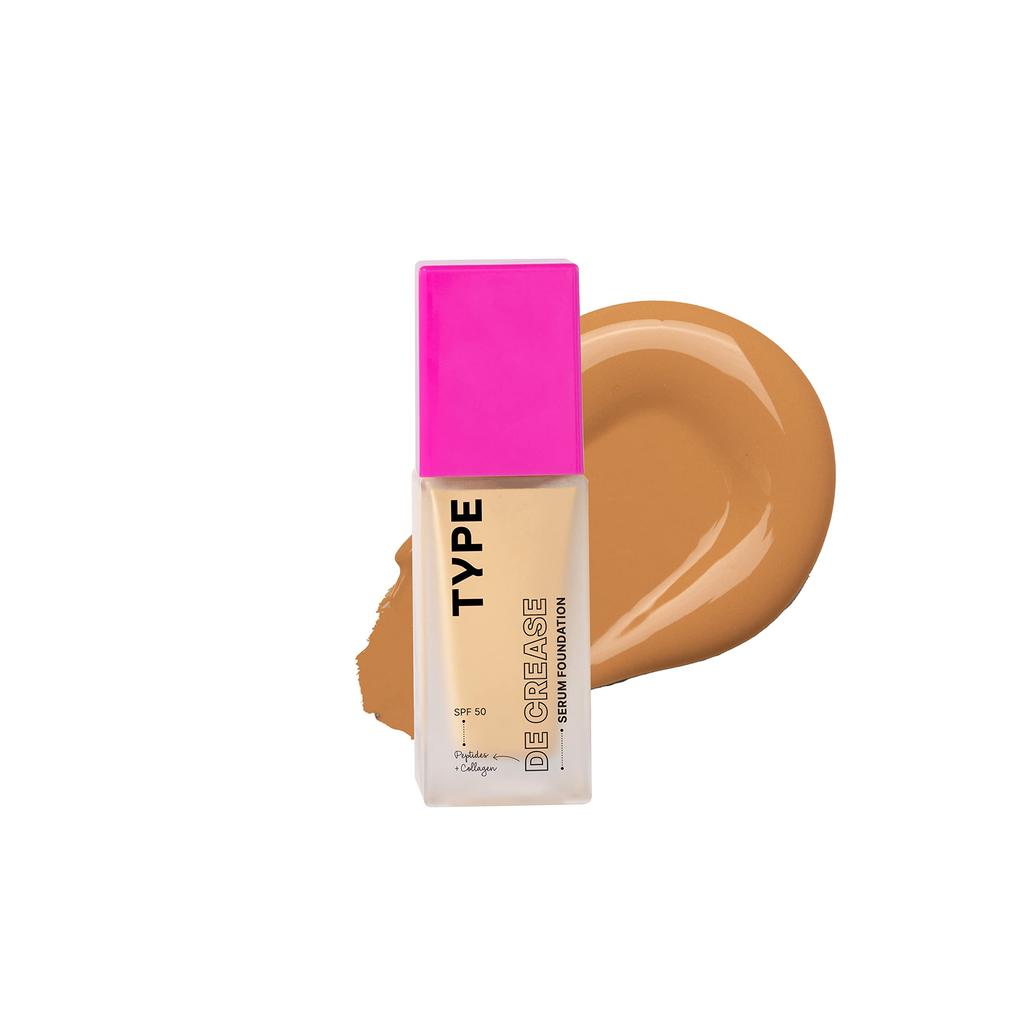 TYPE BEAUTY INC. De Crease Serum Foundation with SPF 50 PA++++ | Lightweight | Anti-Aging with Active Tripeptide Complex & Collagen | Reduce Fine L