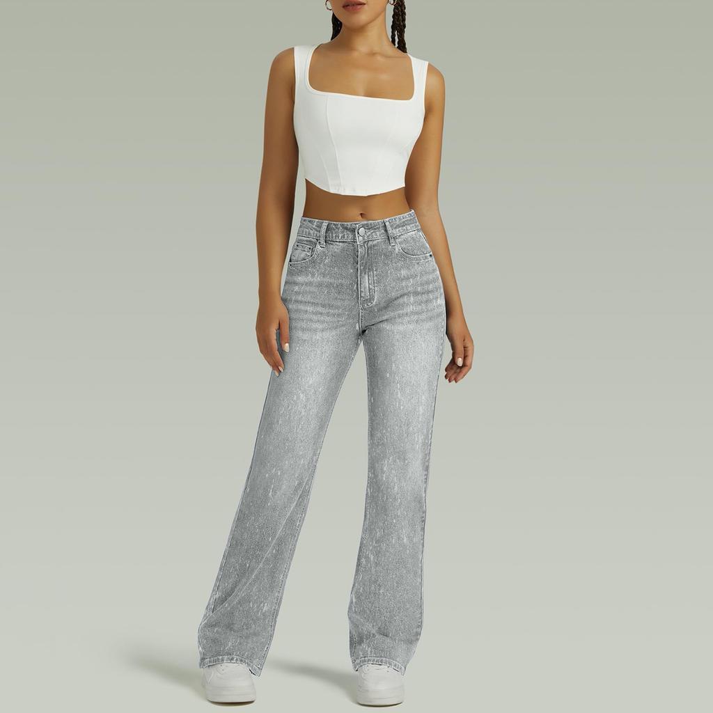 Γυναικείο ψηλόμεσο πλυμένο γυναικείο τζιν Μοντέρνο ευέλικτο ίσιο παντελόνι